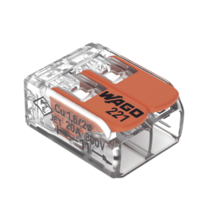 Borna de Conexión / Serie 221 / Palancas Naranja / 2 Conductores 4 mm² / Carcasa Transparente / 300V 20A / T85 / UL ENEC Certificado