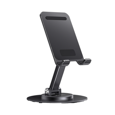 Soporte para Teléfono Celular Giratorio | 360° de Rotación | Angulo Ajustable | Altura Ajustable 17-20cm | Antideslizante | Ejes Giratorios de Alta Precisión| Plegable | Aluminio | Color Gris