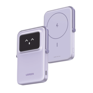 Power Bank Inalambrico | 5000mAh | 7.5W | Con Emojis de Estado | Carga Rápida USB-C Bidireccional | Pantalla TFT Inteligente | 13 niveles de Proteccion | Con Holder | Color Purple.