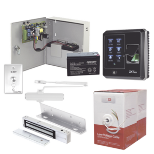Sistema Completo de Acceso, Incluye Lector Biometrico SF300, Chapa magnética con bracket, Cierra puerta, Botón de Salida, Cable " Gratis ", y fuente profesional con Batería