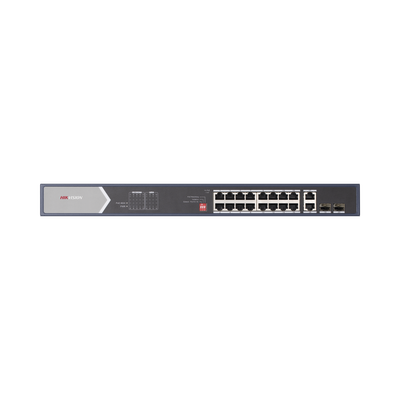 Switch Gigabit PoE+ / No Administrable / 16 Puertos 1000 Mbps PoE+ (4 Puertos PoE++ 90 W) / 2 Puertos 1000 Mbps Uplink + 2 Puertos SFP de Uplink / Modo Extendido hasta 300 Metros / 225 W