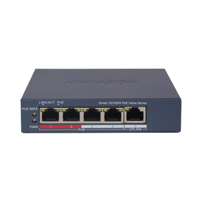 Switch PoE+ / Monitoreable / 4 Puertos 10/100 Mbps PoE+ / 1 Puerto 10/100 Mbps Uplink / Configuración Nube Hik-PartnerPro / Modo Extendido hasta 300 Metros / 45 W