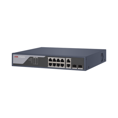 Switch PoE+ / Administrable / Uso en Rack / 8 Puertos 10/100 PoE+ / 2 Puertos 1000 Mbps Uplink / 2 Puertos SFP / Configuración Nube desde Hik-PartnerPro / Modo Extendido hasta 300 Metros / 125 W