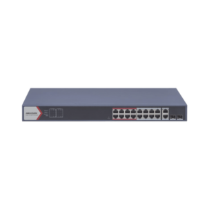 Switch PoE+ / Monitoreable / 16 puertos 10/100 Mbps PoE+ / 2 Puertos 1000 Mbps Uplink / 2 Puertos SFP de Uplink / Configuración Nube Hik-Partner Pro / Modo Extendido hasta 300 metros / 230 W