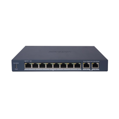 Switch Gigabit PoE+ / Administrable / 8 Puertos 1000 Mbps PoE+ / 2 Puertos 1000 Mbps de Uplink / Configuración Nube Hik-PartnerPro / Modo Extendido hasta 300 Metros / 60 W