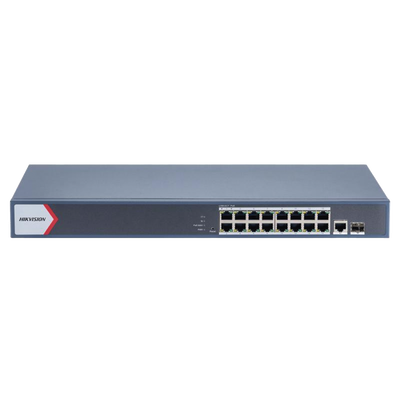 Switch Gigabit PoE+ / Administrable / 16 Puertos 1000 Mbps PoE+ / 1 Puerto 1000 Mbps de Uplink / 1 Puerto SFP / Configuración Nube desde Hik-Partner Pro / Modo Extendido hasta 300 Metros / 230 Watts