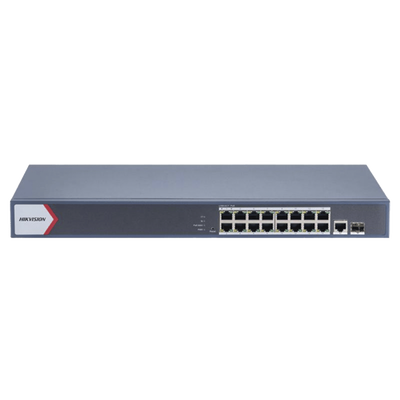 Switch Gigabit PoE+ / Monitoreable / 16 Puertos 1000 Mbps PoE+ / 1 Puerto 1000 Mbps de Uplink / 1 Puerto SFP / Configuración Nube desde Hik-PartnerPro / Modo Extendido hasta 300 Metros / 130 Watts