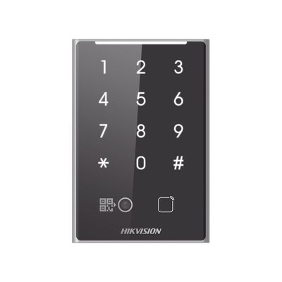 Lector de Tarjetas PROX EM y de Códigos QR / Teclado para Contraseña / Compatible con Controladores DSK2600 Series Hikvision / Comunicación RS485 y WIEGAND / IP65