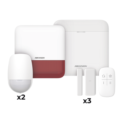 (AX PRO) KIT de Alarma AX PRO / Incluye: 1 Hub con batería de respaldo / 2 Sensores PIR / 3 Contactos Magnéticos mini / 1 Control Remoto / 1 Sirena Inalambrica Exterior color rojo / WiFi / Compatible con Hik-Connect P2P