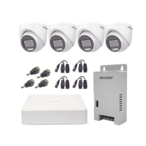 KIT TurboHD 1080p / DVR 4 Canales con audio por coaxitron / 4 Cámaras con Micrófono y 106° Visión/ luz blanca + IR visión nocturna / Transceptores / Conectores / Fuente de Poder Profesional