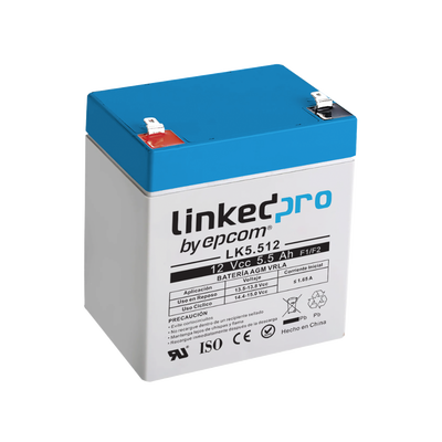 Batería 12 V / 5.5 Ah / UL / Vida útil promedio 5 años / Tecnología AGM / Para uso en equipo electrónico, Alarmas de Intrusión / Incendio/ Control de acceso / Video Vigilancia / Terminales F1 ( Incluye adaptador F