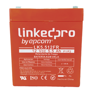 Batería 12 V / 5.5 Ah / UL / Tecnología AGM / Vida útil promedio de 5 años / Retardante a la Flama / Para uso en equipo electrónico, Alarmas de Intrusión / Incendio/ Control de acceso / Video Vigilancia / Incluye