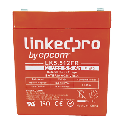 Batería 12 V / 5.5 Ah / UL / Tecnología AGM / Vida útil promedio de 5 años / Retardante a la Flama / Para uso en equipo electrónico, Alarmas de Intrusión / Incendio/ Control de acceso / Video Vigilancia / Incluye