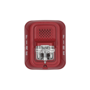 Sirena con Lámpara Estroboscópica / a 2 Hilos / Montaje en Pared / 12 o 24 Vcd / Configuración Estroboscópica Seleccionable / Texto en Inglés / Color Rojo